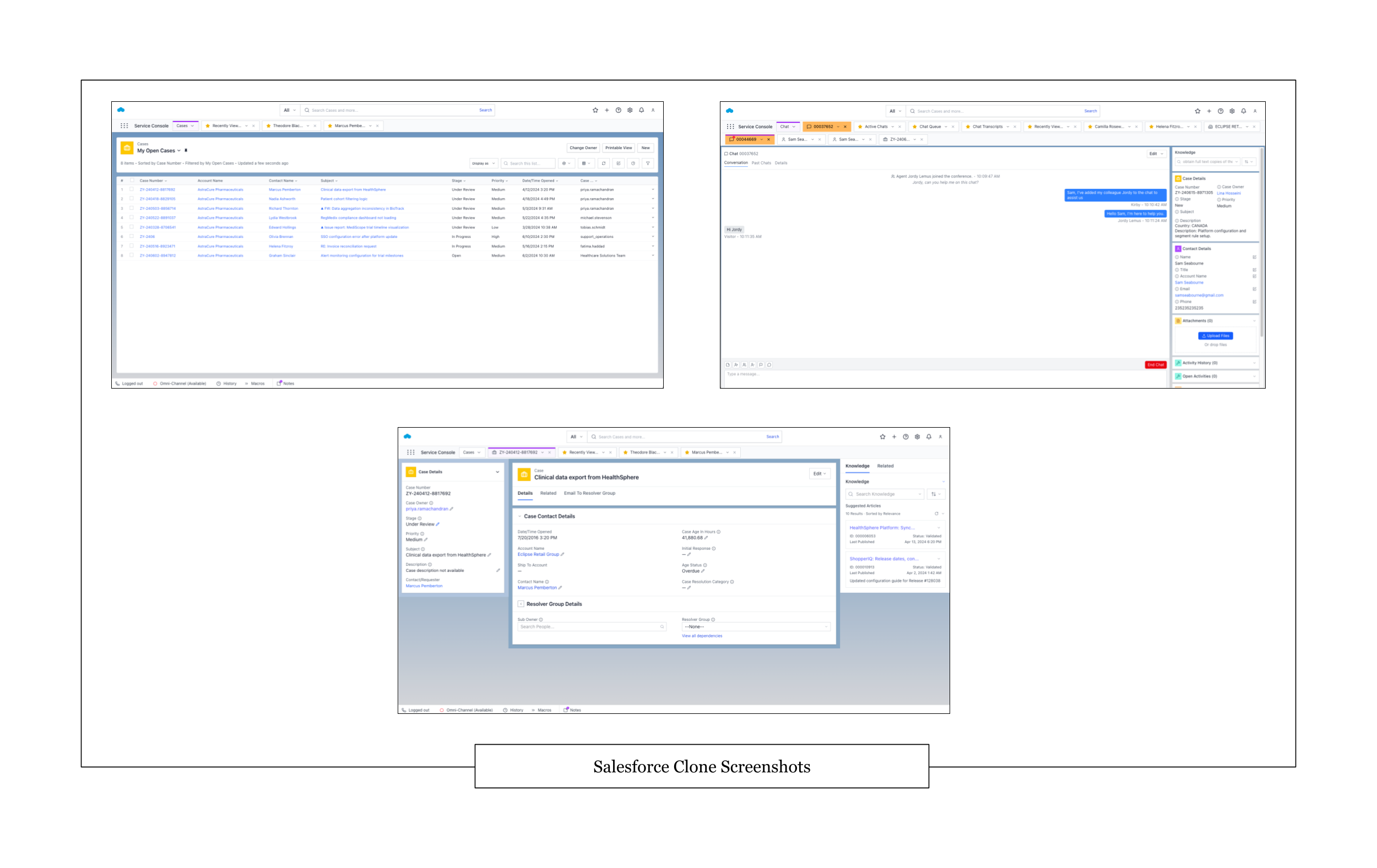 Salesforce clone screenshots showing list views, chat interfaces, and case detail panels